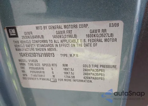 2009 GMC Acadia Slt-1/Slt-2 z USA, uszkodzony, nr VIN 1GKEV23D79J190013